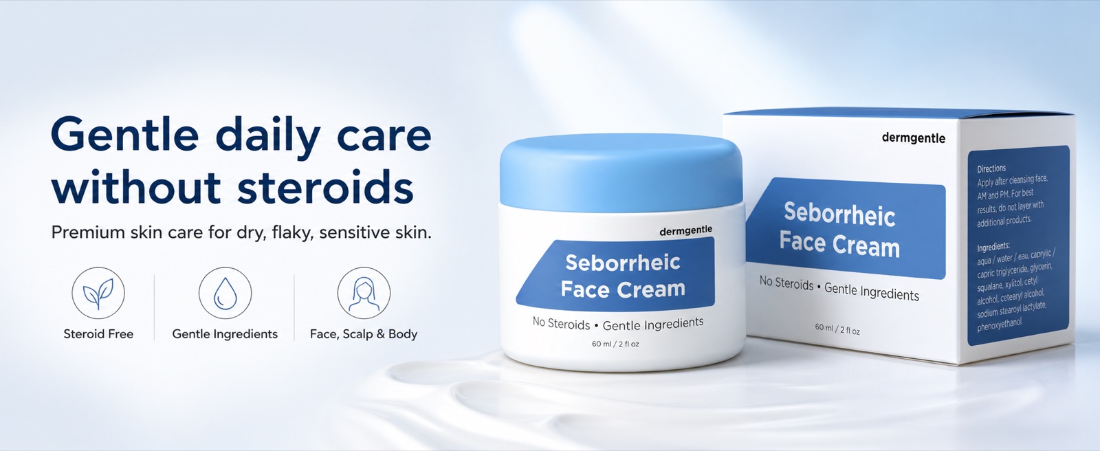 DermGentle Seborrheic Face Cream jar and box — gentle daily care without steroids, for face, scalp and body