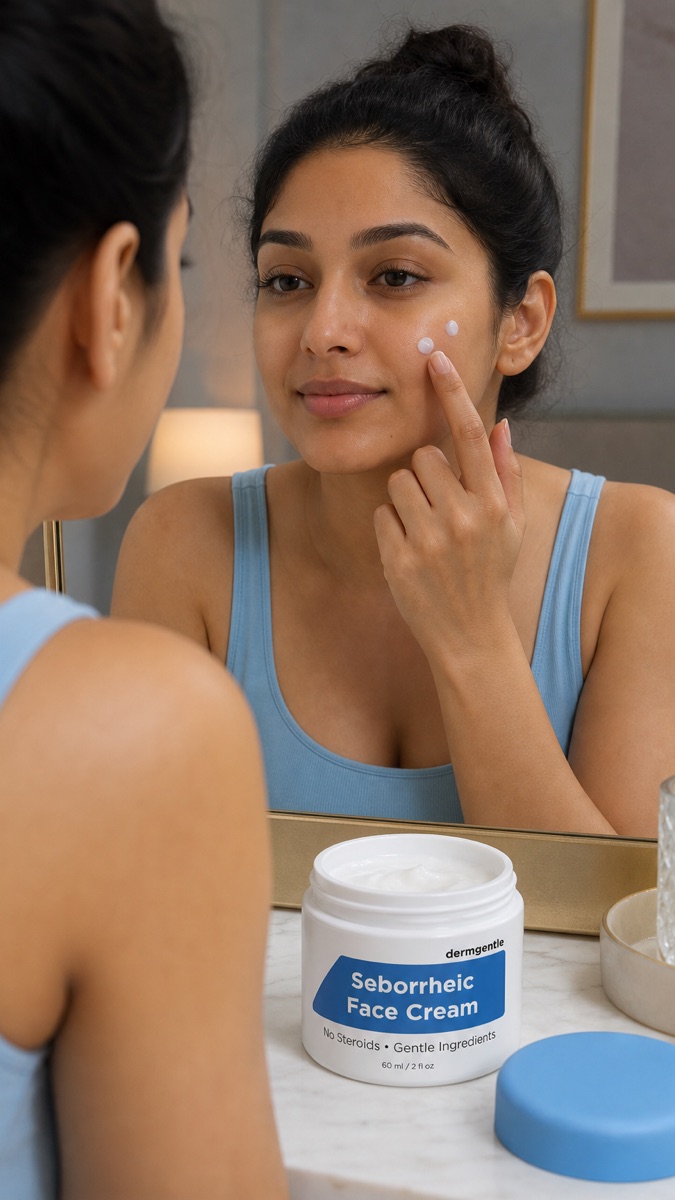Woman applying dots of cream beside her nose at the mirror, open DermGentle Seborrheic Face Cream jar on the counter