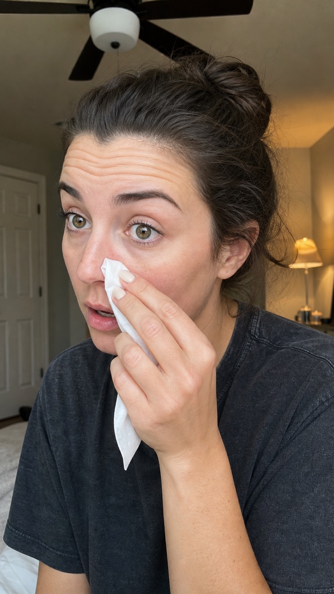 Woman mid skincare routine wiping the area beside her nose